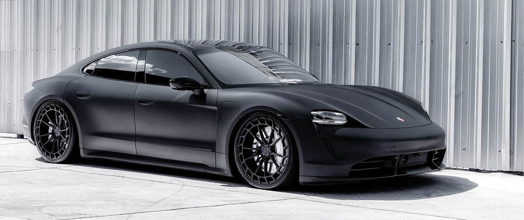 Porsche Taycan on Avant Garde Wheels SRX01 forged monoblock finished in Matte Black.
