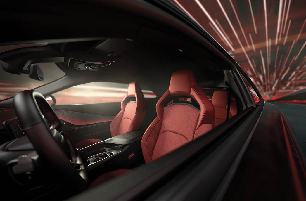 High-backed fixed headrest seats embellished with a unique pass through are available on the all-new Dodge Charger with Plus, Track Package and Carbon & Suede packages.
