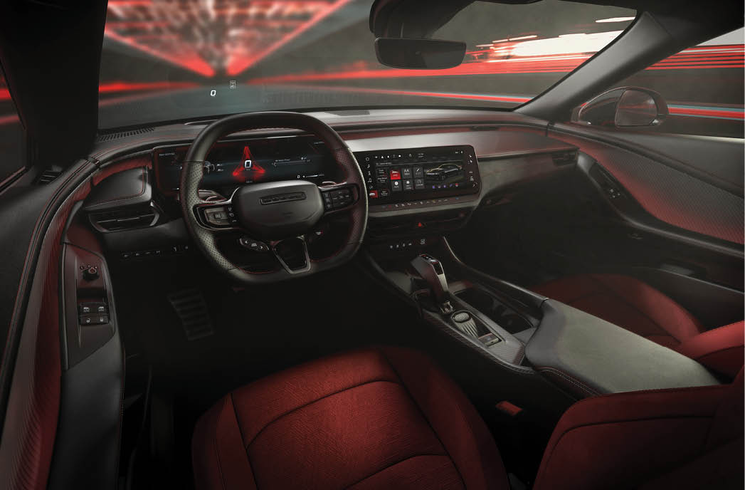 The exterior’s pure design aesthetic carries over to the dynamic, driver-focused interior design of the all-new Dodge Charger, enhancing the modern, visceral feel of the new cockpit. Interior shown includes Plus Group, Carbon & Suede Package and Track Package with Demonic Red seats for the Dodge Charger Daytona Scat Pack.